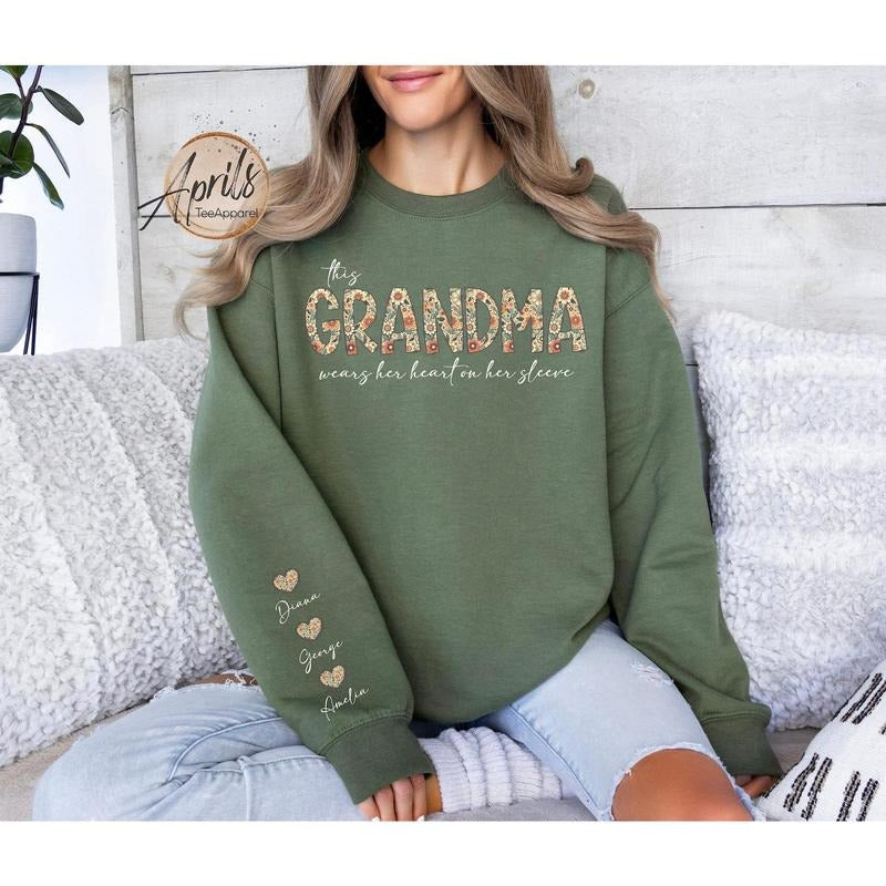 Custom This Grandma Wears Her Heart On Her Sleeve Sweatshirt, Shirt with Names On Sleeve, Mommy Heart Hoodie, Valentine's...