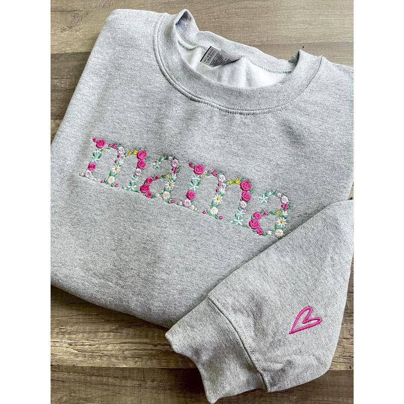 Custom floral Mama embroidered sweatshirt, mama floral sweatshirt,Mama sweatshirt with child name, gift for mom T-Shirts,...