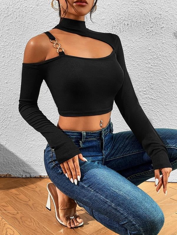 Cut Out Long Sleeve Crop Tops Mock Neck Chain Asymmetrical Shoulder Tee T Shirt Hoodie, Sweatshirt | GrindPrints.com