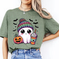 Cute Bougie Halloween Ghost with Coffee. Casual Everyday Softstyle Halloween Unisex T-Shirt. Hoodie, Sweatshirt