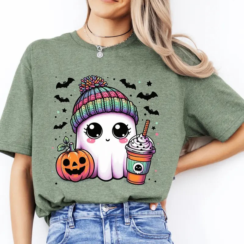 Cute Bougie Halloween Ghost with Coffee. Casual Everyday Softstyle Halloween Unisex T-Shirt. Hoodie, Sweatshirt