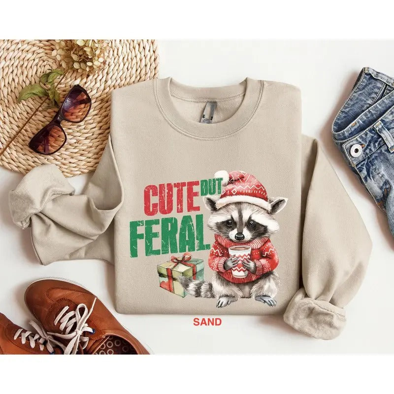 Cute But Feral Sweatshirt, Christmas Shirt, Funny Christmas Sweatshirt, Christmas Raccoon Sweatshirt, Feral Christmas...
