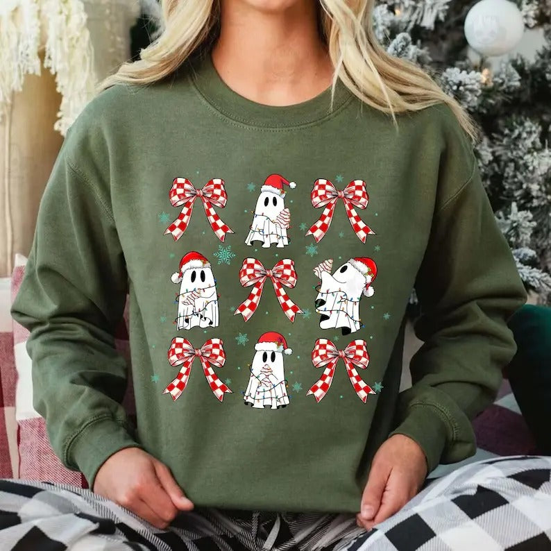 Cute Christmas Gh00st Tree Cake Coquette Sweatshirt, Merry Christmas Sweatshirt, Happy New Yeay Shirt, Unisex Long Sleeve...