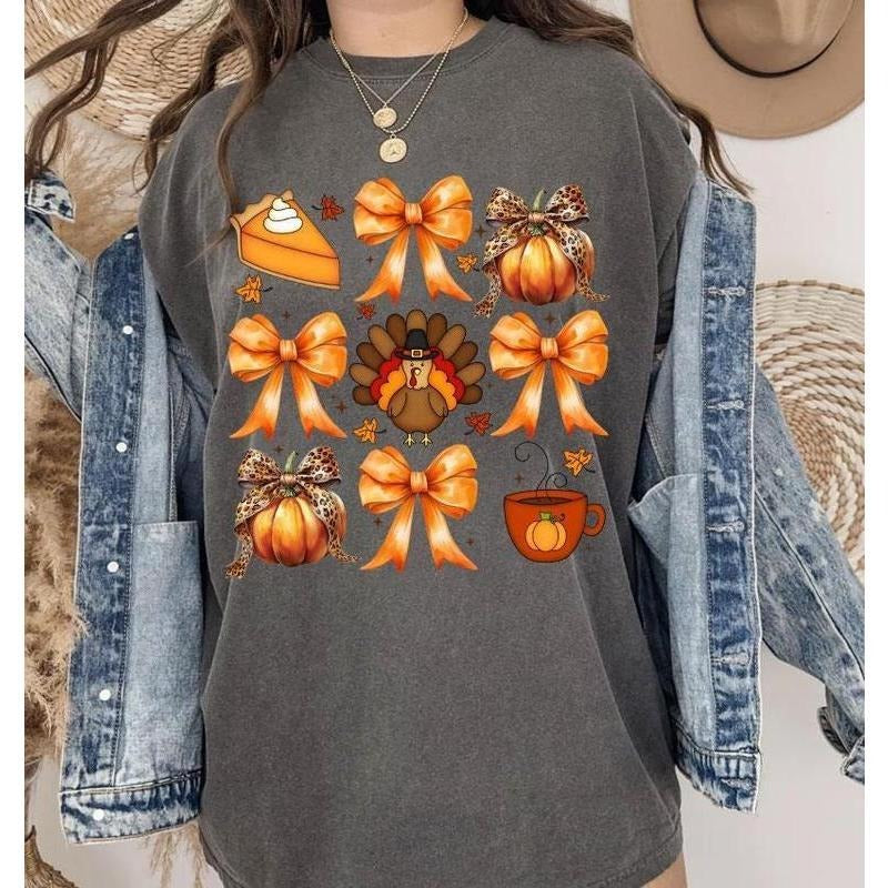 Cute Coquette Bows Turkey Pumpkin Pie Shirt, Thanksgiving Pumpkinball Shirt, Pumpkin Spice Thanksgiving Sweatshirt,...