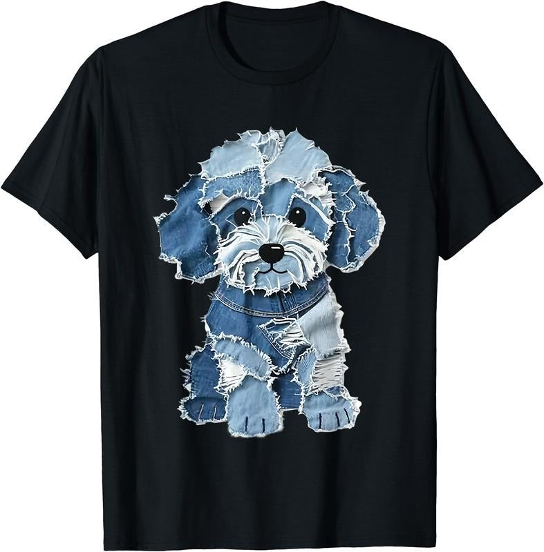 Cute Dog Denim Patchwork Art T-Shirt | Unisex Cotton Tee Gift, Crewneck, Short Sleeve Hoodie, Sweatshirt | GrindPrints.com