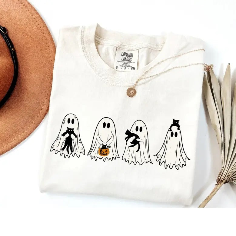 Cute Ghost Black Cats Halloween Comfort Colors Shirt Ghost Cat Halloween Shirt Spooky Season Cat Lover Top Traditional T-Shirts, Hoodie, Sweatshirt