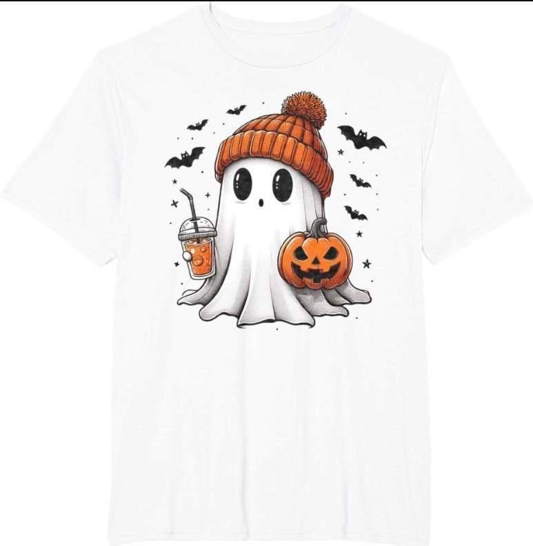 Cute Ghost Drinking Coffee Halloween Ghost Ice Coffee Womens T-Shirt Hoodie, Sweatshirt | GrindPrints.com