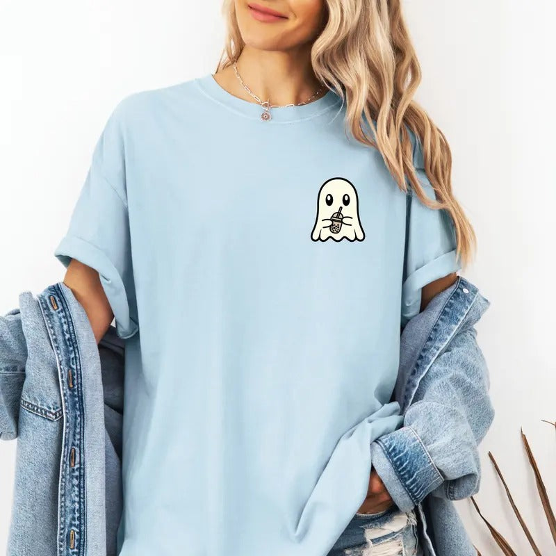 Cute Ghost with iced drink design on custom colors tee shirt Casual Hoodie, Sweatshirt | GrindPrints.com