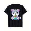 Cute Kawaii Bubble Tea Cat Japanese Kitten Anime T-Shirt Selected pure cotton interesting design DIY short sleeve t-shirt...
