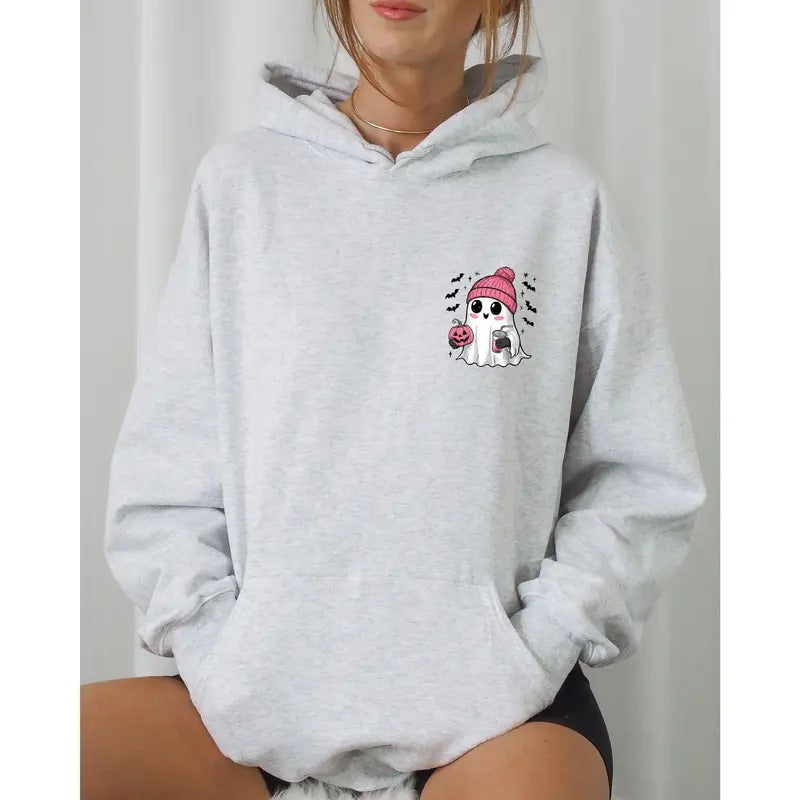 Cute Pink Ghost, Pocket Print, Halloween, Coffee, Bats Hooded Sweatshirt T-Shirts, Hoodie | GrindPrints.com