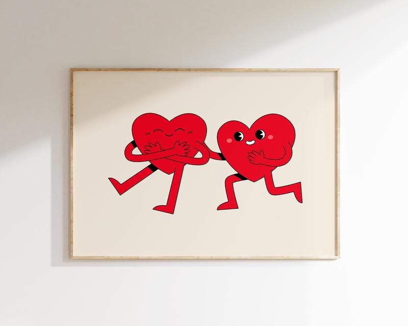 Cute Retro Hearts Print, Retro Wall Decor, Trendy Wall Art, Love Poster, Aesthetic Dorm Room Decor, Landscape Print,...