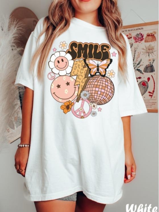 Cute Smile Shirt, Womens Tee, Smiley Face Shirts, Happy Face, Positive Vibes Tshirt, Trendy Retro Graphic Shirts Top...