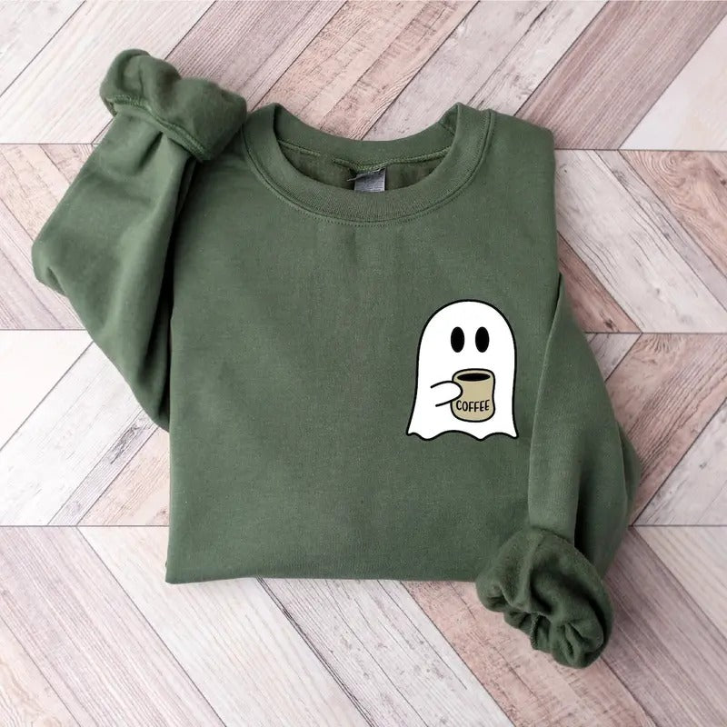 Cute Spooky Coffee Sweatshirt, Womens Ghost Sweatshirt, Spooky Season T-Shirts, Hoodie | GrindPrints.com