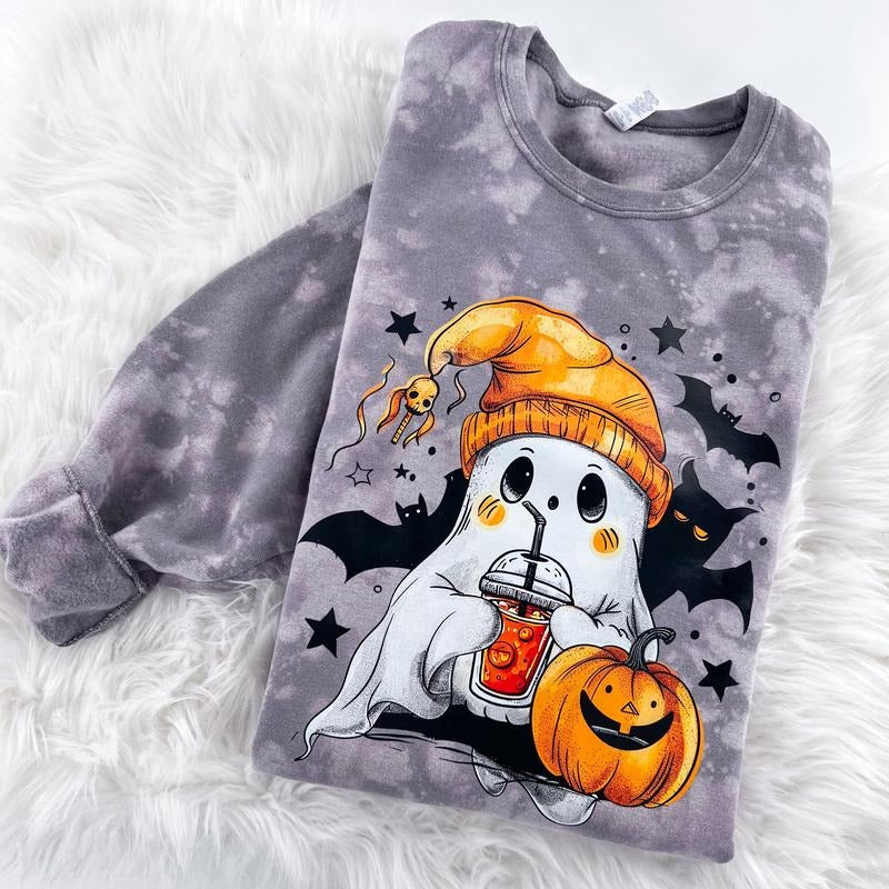 Cutie Bootootie Ghost Halloween Marbled Sweatshirt or Hoodie with sleeve print Comfy Womenswear Tops T-Shirts