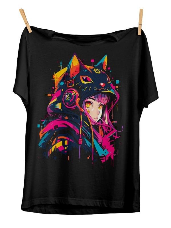 Cyberpunk Anime Girl T-Shirt | Futuristic Techwear, Harajuku Clothing | Kawaii Manga Shirt Hoodie, Sweatshirt