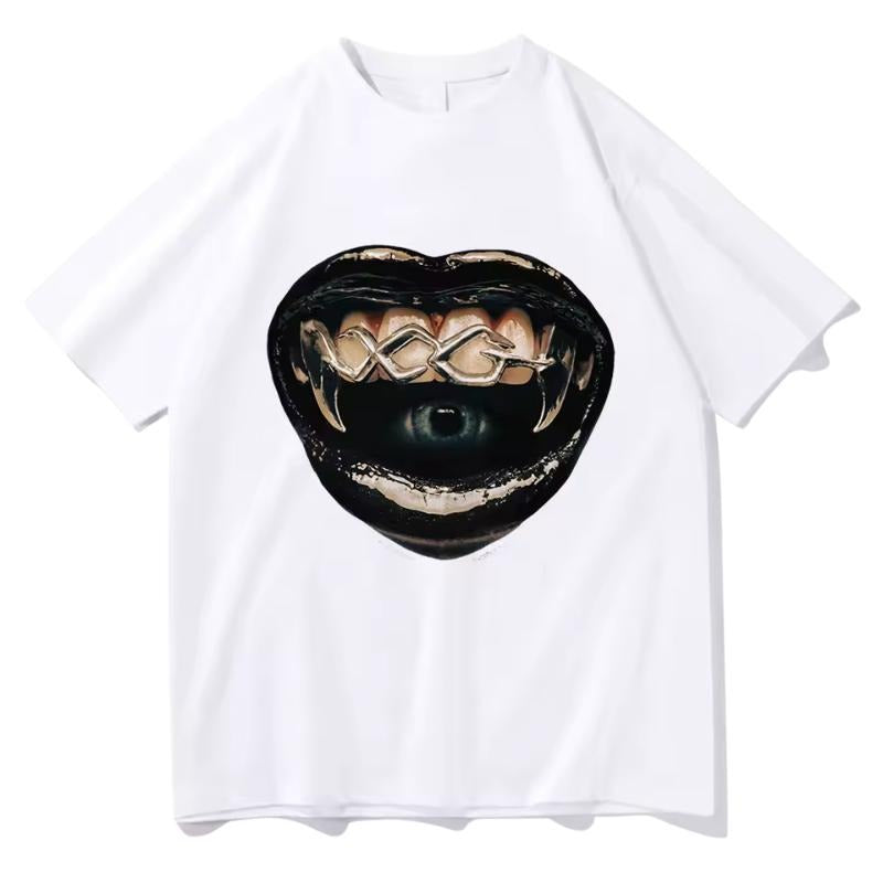 Cyberpunk Fang Mouth Tee, Vintage Y2k Graphic Tee, Unisex Cotton Short Sleeve T-shirt, Fun Graphic Print T-shirt, Unisex...