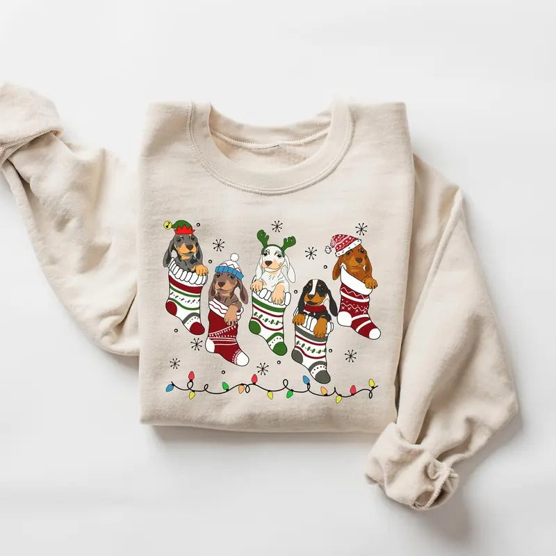 Dachshund Christmas Sweatshirt, Dachshund Xmas Shirt, Dog Lover Gift, Dachshund New Year Shirt Classic Collar Cotton...