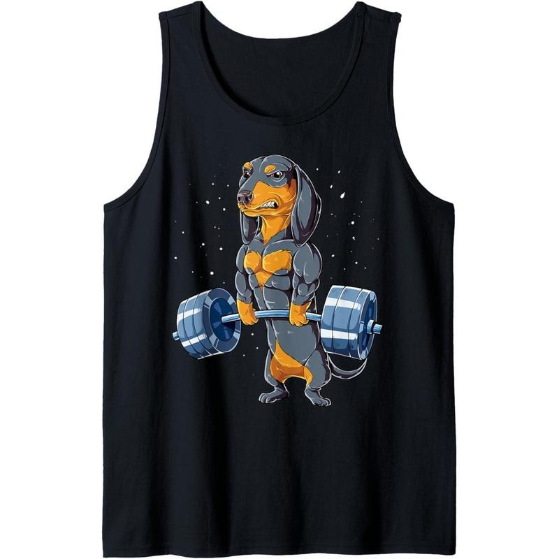 Dachshund Weightlifting Funny Deadlift Men Fitness Gym Gifts Tank Top Funny Workout Tank Top Made in USA T-Shirts,...