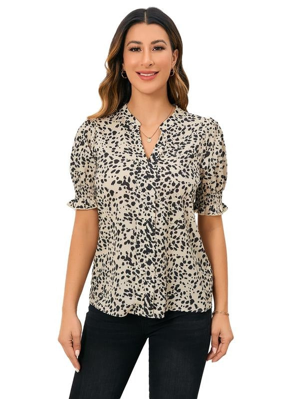 Dalmatian Print Puff Short Sleeve Blouse Notched V Neck Shirt Work Tops Hoodie, Sweatshirt | GrindPrints.com