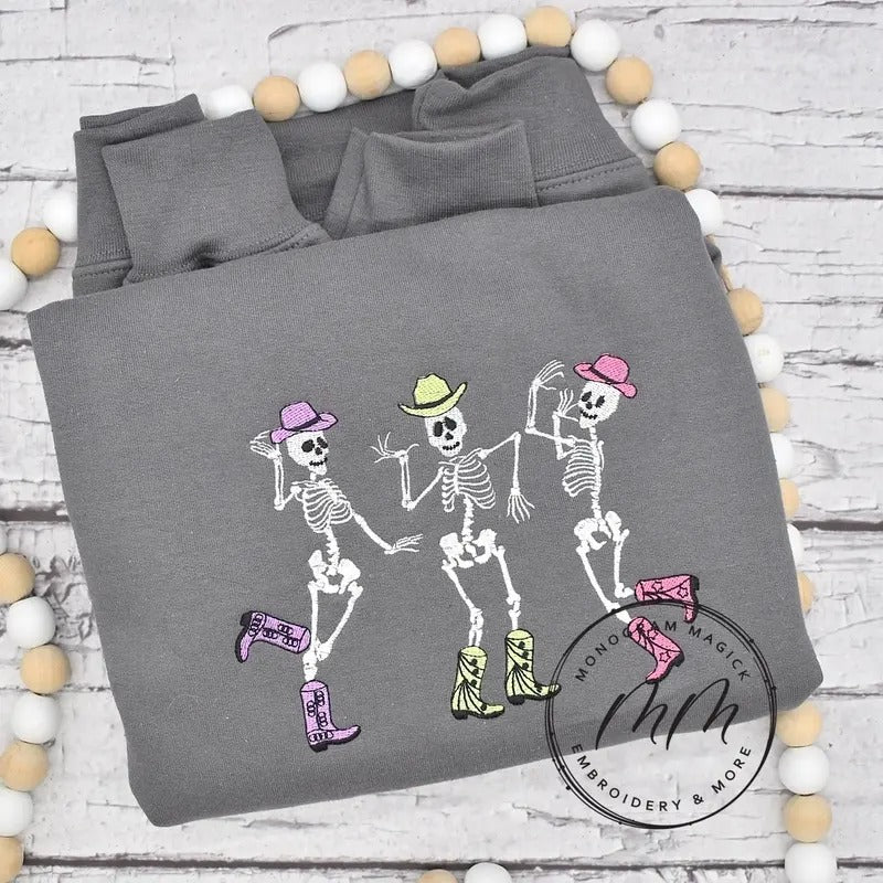 Dancing Cowboy Skeleton Embroidered Sweatshirt T-Shirts, Hoodie | GrindPrints.com
