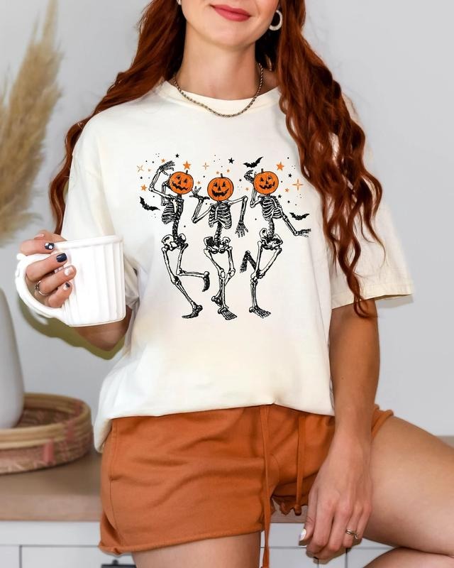 Dancing Skeleton Pumpkin Shirt, Retro Halloween Women's Shirt, Funny Fall Halloween Party Shirt, Spooky Season Skeleton...