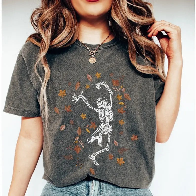 Dancing Skeleton Shirt, Halloween  tee, Halloween T-shirt, Fall comfort colors shirt, skeleton leaves t-shirt Cotton...