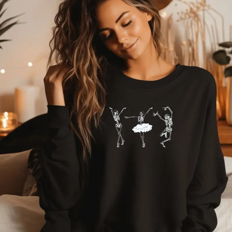 Dancing Skeletons Crewneck Sweatshirt Casual Comfortable Graphic T-Shirts, Hoodie | GrindPrints.com