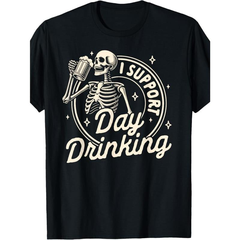Day Drinking Skeleton Graphic Tee - Soft Cotton, Casual Fit, Machine Washable