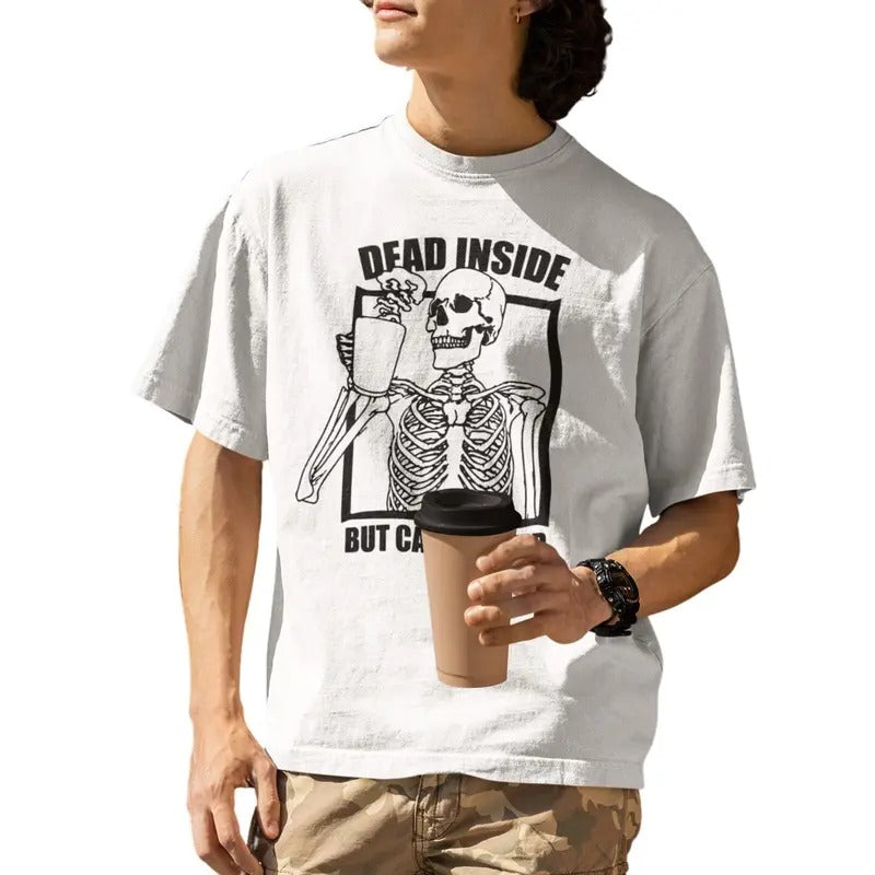 Dead Inside But Caffeinated Skeleton Drinking Coffee Funny T-Shirt Hoodie, Sweatshirt | GrindPrints.com