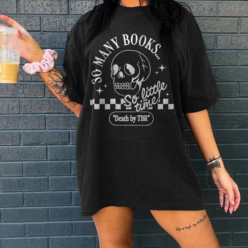 Death By TBR Booktok Retro Aesthetic Bookish Shirt Literary Shirt Skeleton Shirt Alt Clothes R0mance Reader Book Indie...