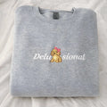 Delusional Embroidered Sweatshirt, Crewneck, Sweater, Cotton, Coquette Bow, Pink, Gray, White, Dog, Cute Funny...