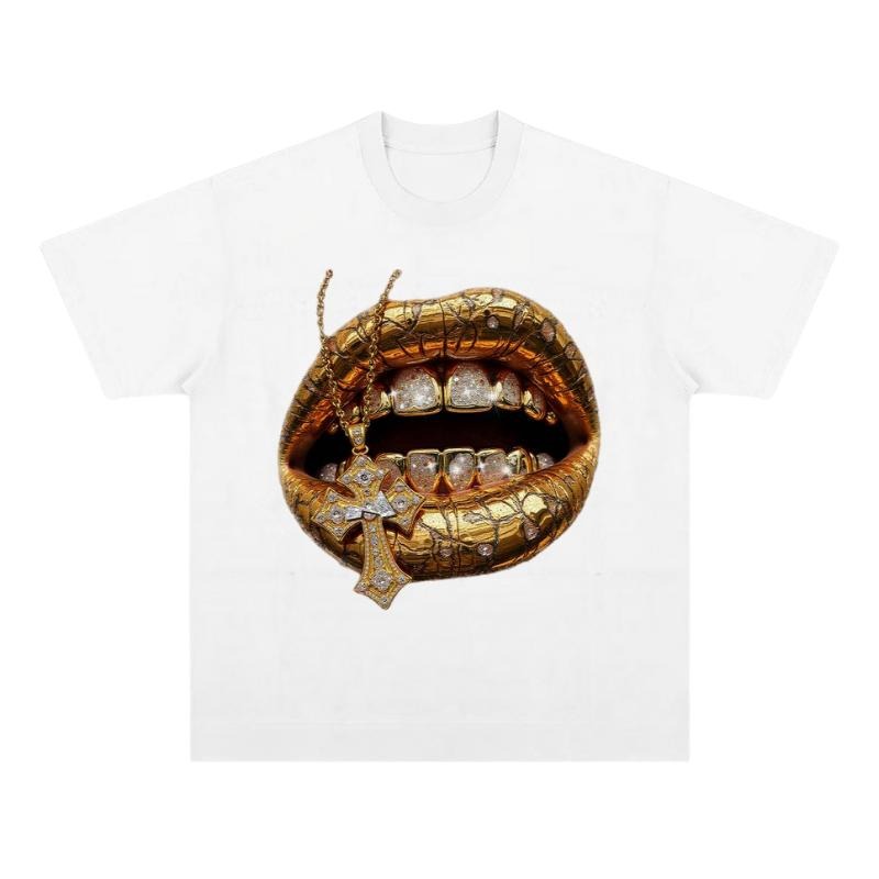 Desert Gold Art Diamond Lips Print T-Shirt, Vintage Graphic Tee, Y2k Clothing, Unisex Cotton Crewneck T-Shirt Menswear...