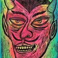Devil Head Woodcut Printed on Painted and Shaped Wooden Panels Decor T-Shirts, Hoodie, Sweatshirt | GrindPrints.com