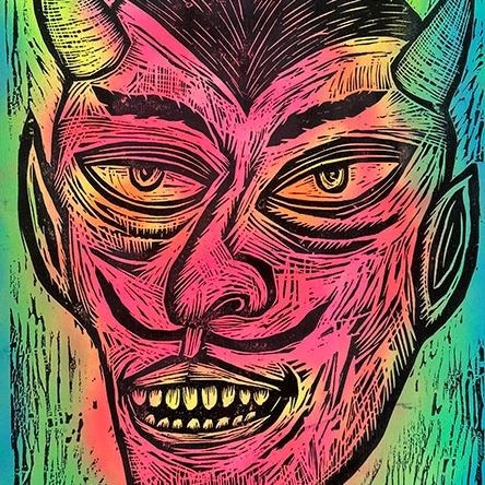 Devil Head Woodcut Printed on Painted and Shaped Wooden Panels Decor T-Shirts, Hoodie, Sweatshirt | GrindPrints.com
