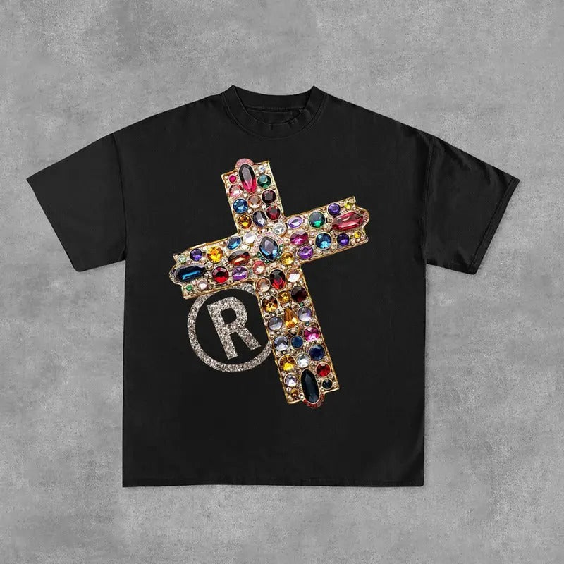 Diamond Cross Graphic Y2k Fashion Streetwear Print Casual Cotton T-Shirt Hoodie, Sweatshirt | GrindPrints.com