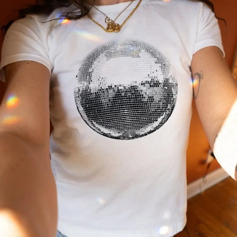 Disco Ball 90s Baby Tee, Mirror Ball Tee, Women's Fitted Tee, Unisex Shirt, Y2K Clothing, Trendy Top, Retro Shirt, Y2K...