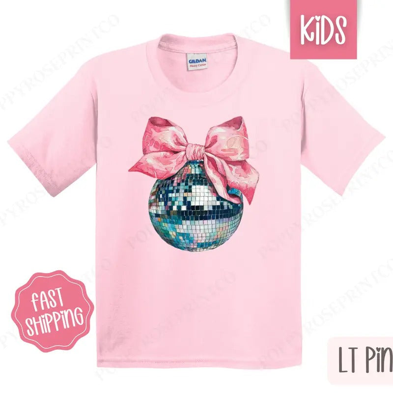 Disco Ball Bow Kids Shirt - New Year's 2025 Children's Tshirt - Youth NYE Tee Gildan Hoodie, Sweatshirt | GrindPrints.com