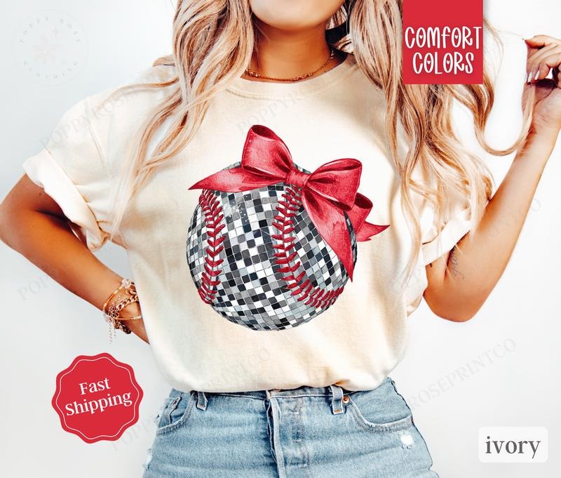 Disco Baseball Bow Shirt Comfort Colors, Womens Baseball Tee, Womenswear Oversized Crewneck, Coquette Clothing Hoodie,...