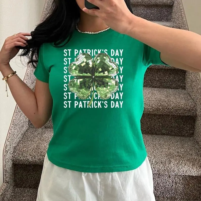 Disco Shamrock St Patrick's Day Baby Tee Women Mirrorball Clover Irish Baby Tee Green St Paddys Day T Baby Tee St Pattys...