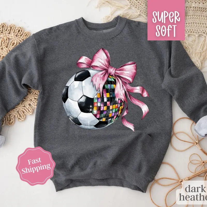 Disco Soccer Bow Sweatshirt, Game Day Soccer Crewneck, Womens Sweatshirt, Futbol Sweater T-Shirts, Hoodie | GrindPrints.com