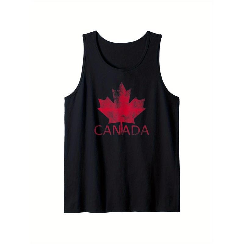 Distressed Canada Flag Maple Leaf In Red Tank Top, 100% Cotton, Single-Side Printed Black Sleeveless Tank Top, Happy...
