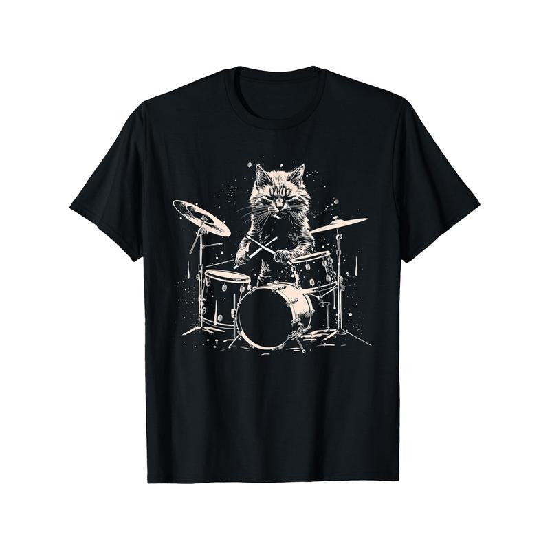 Distressed Cat Playing Guitar Punk Rock & Roll Funny Drummer T-Shirt Selected pure cotton   short sleeve t-shirt for men,...