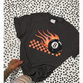 Distressed Checkers & Flames 8 Ball Tee, Graphic Crewneck shirt, cowgirl outfits, western clothing, western tops outfits...