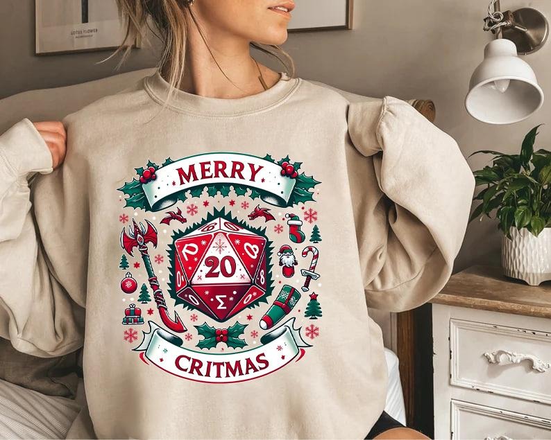 DnD Merry Critmas Sweatshirt, DnD Christmas Sweatshirt, DnD Xmas Shirt, D20 Christmas Sweatshirt, D20 Shirt, Christmas...