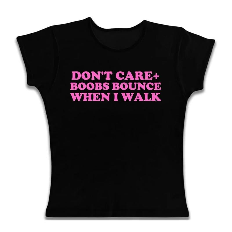 Don't Care Boobs Bounce When I Walk Baby Tee, Gothic Emo Girl, Emo Scene 2000s Clothes, 2000 tops, Casual Cotton Short...