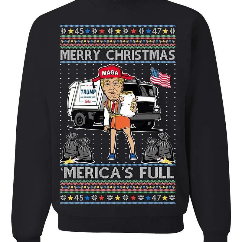 Donald Trump Merry Christmas Merica's Full, Cousin Eddie Christmas Vacation Garbage for Trump Cotton Crewneck T-Shirts,...