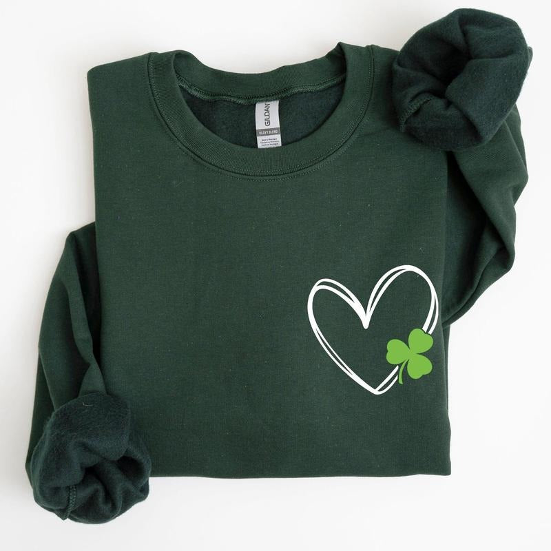 Double Heart With Shamrock, Pocket Print, St Patrick's Day Sweatshirt T-Shirts, Hoodie | GrindPrints.com