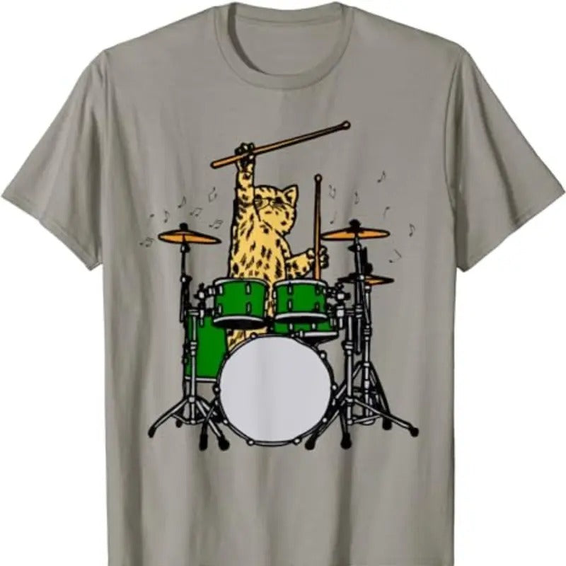 Drummer Cat Music Lover Musician Playing The Drums T-Shirt T-Shirt Menswear Top Underwear Tshirt Streetwear Tropical...