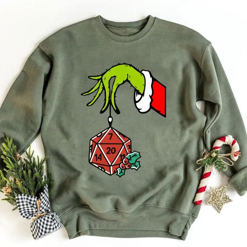 Dungeons Dragons Grin Hand Holding DnD Polyhedral Dice D20 Season Printed Classic DnD DnD Merry Critmas Shirt T-Shirts, Hoodie, Sweatshirt