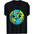Earth Day Cartoon Graphic T-Shirt, 100% Cotton, Casual Crew Neck Tee, Regular Fit, Short Sleeve, with Geometric Pattern,...